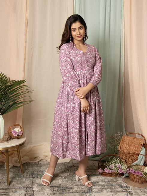 MULMUL TURVI FLORAL BLOCK PRINTED DRESS MULMUL TURVI FLORAL BLOCK PRINTED DRESS